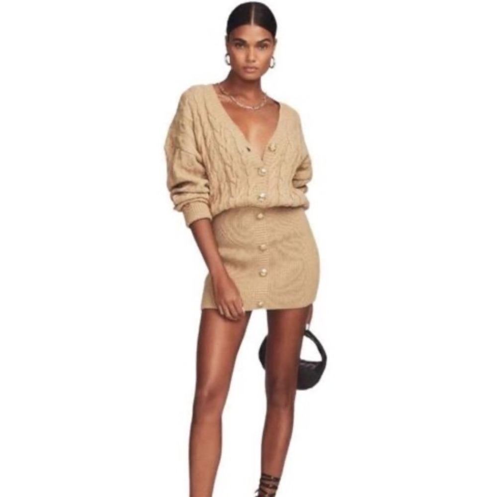 NWT Retrofete Tala Dress Beige Cable Knit V Neck‎ Button Front Mini S